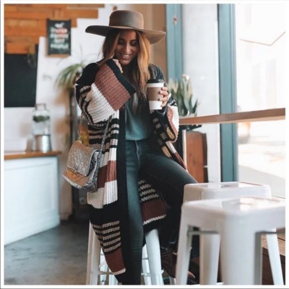 Boho Black White Stripes Knit Open Front Cardigan - Picture 4 of 4